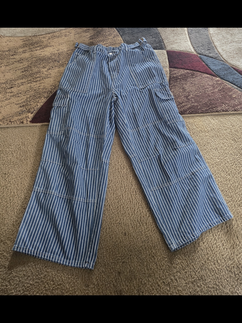 SHEIN CURVE Blue & White Striped Wide-Leg Cargo Pants